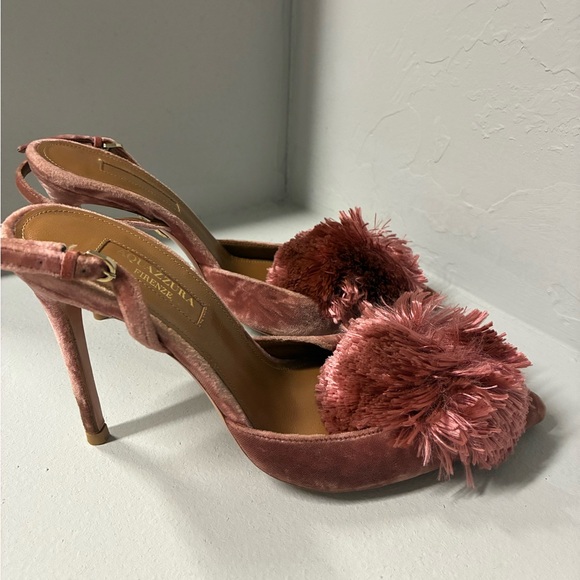 Aquazzura Shoes - Aquazzura Rose Pink Velvet Powder Puff Pom Pom Slingback Pumps